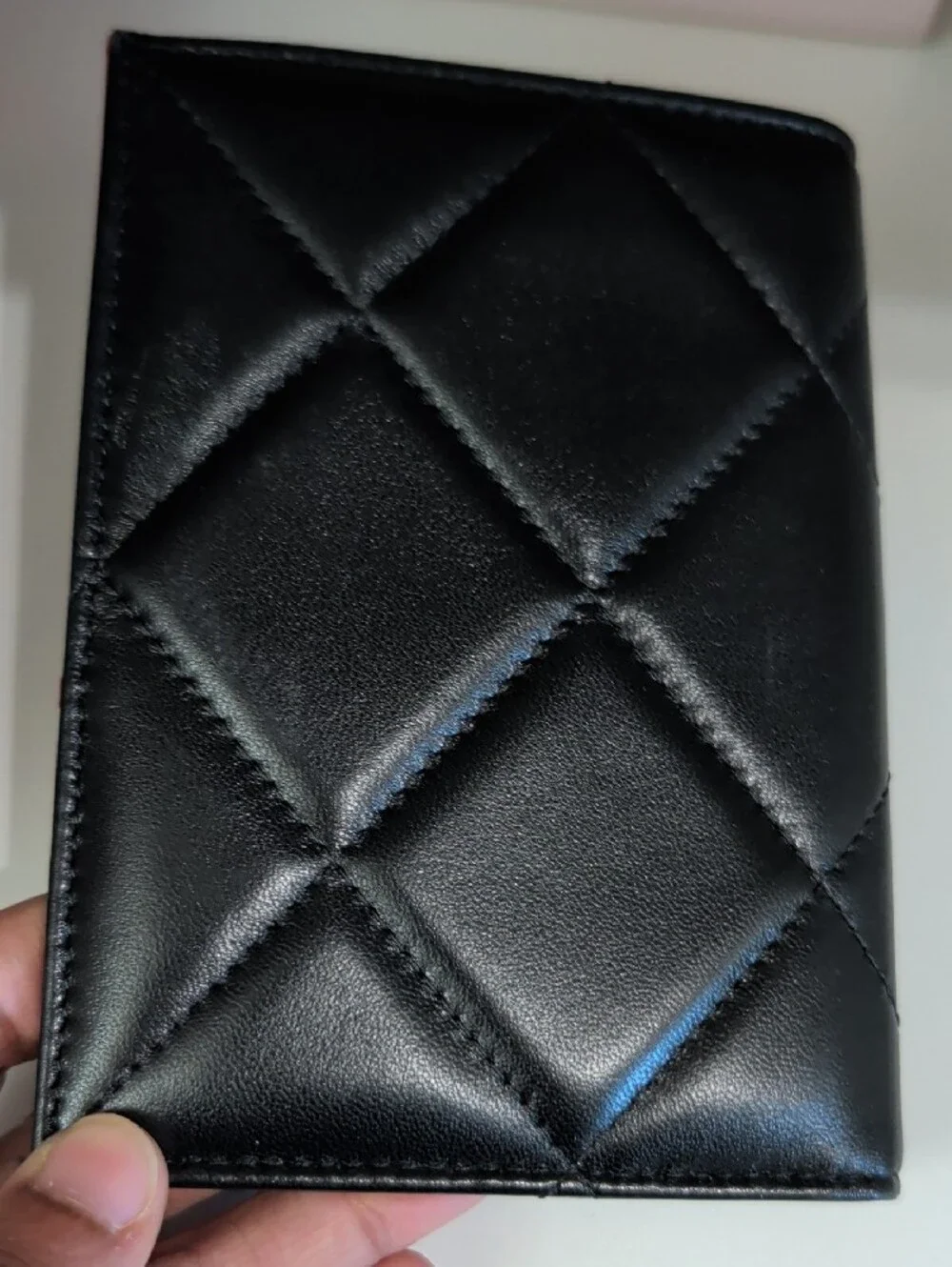 CHANEL Black Quilted Leather Card & Key Holder with Gold CC Chain Logo